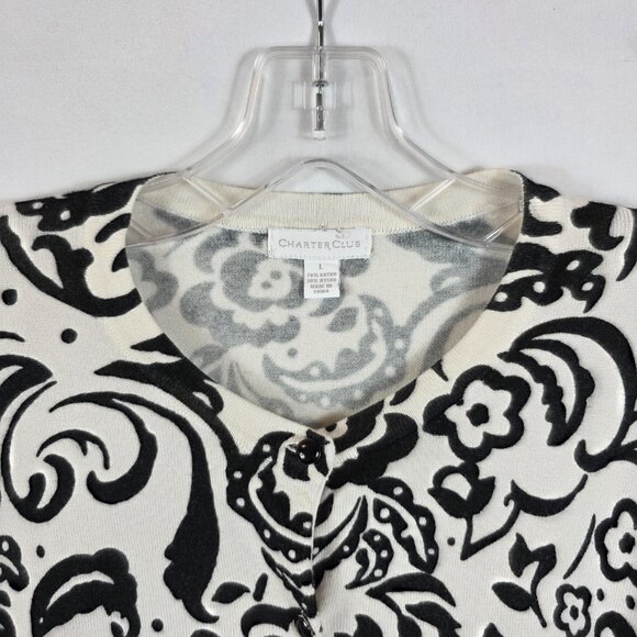 Charter Club Cardigan Sweater Women's Size Large Ivory & Black Paisley Floral - Picture 6 of 12